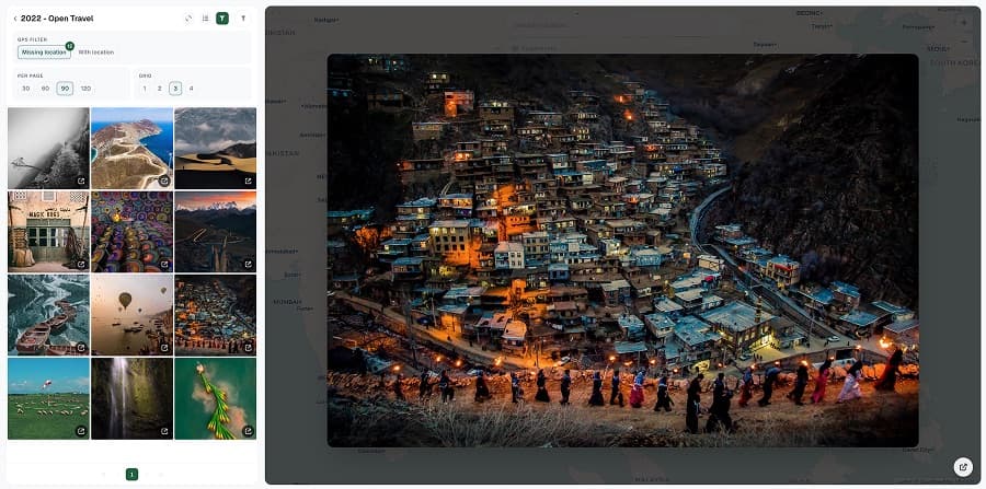 Immich Places: a photo grid filtered by GPS status beside the map view